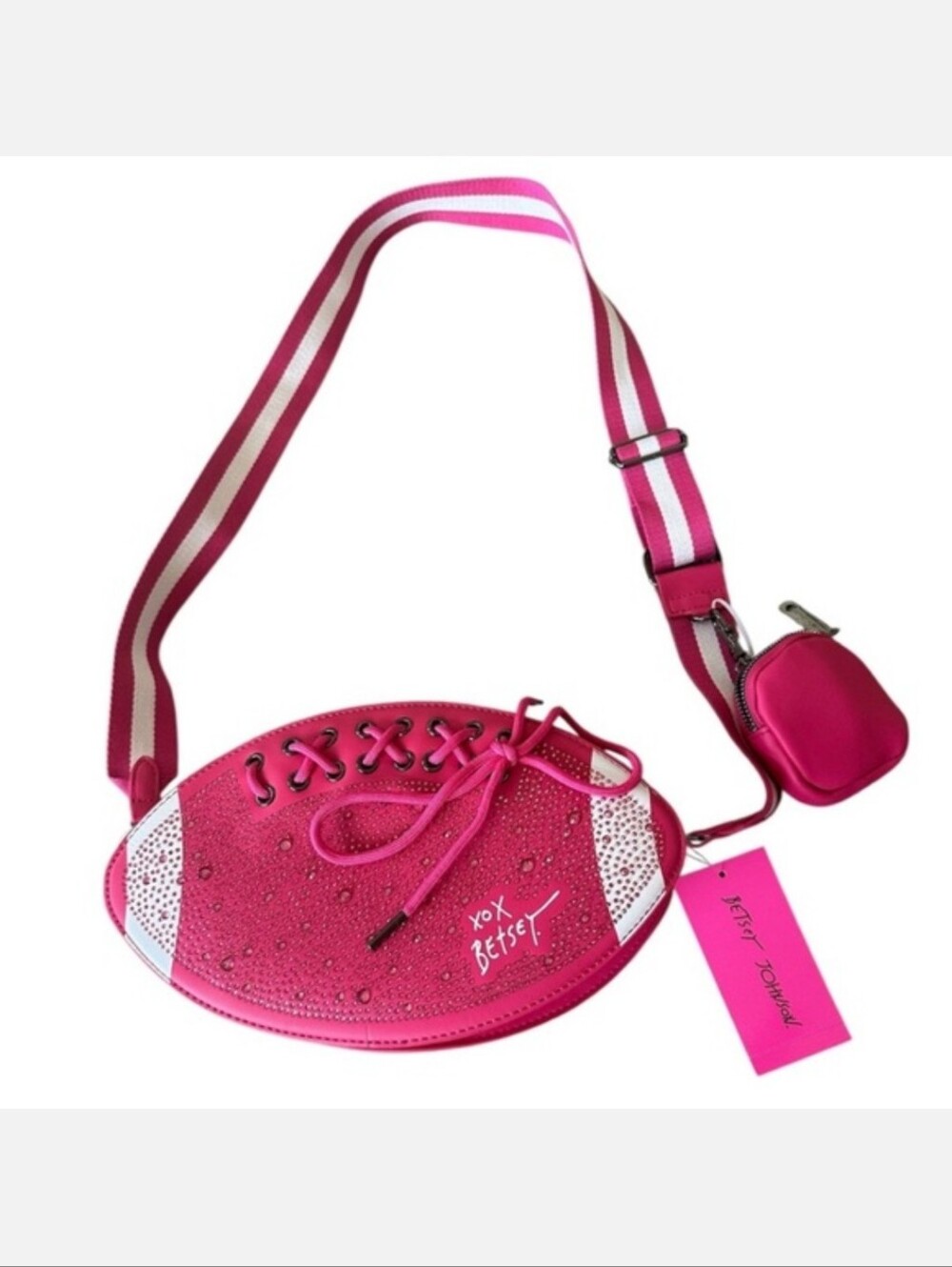 Betsey Johnson Hot Pink Football Crossbody Bag with Striped Strap